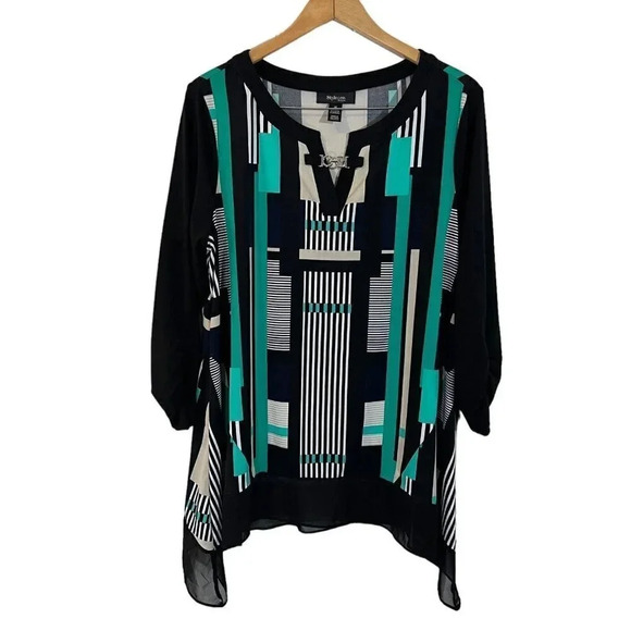 Style&co. Geometric Pattern Tunic Plus 1X Sharkbite Chiffon Hem Ruched Sleeves - Picture 1 of 8